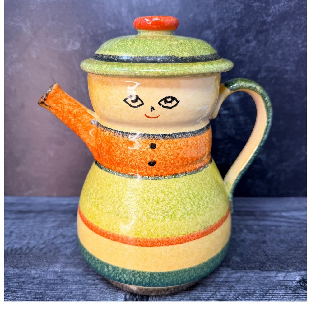 Italica Ars Teapot Vintage Hand Painted Ceramic Striped Italy 8in Face Whimsical